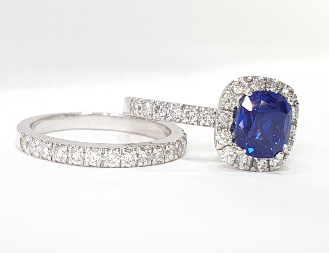 Azure | Unique, Clustered Three-Stone Engagement Ring with Blue Sapphire…  in 2024 | Handcrafted engagement ring, Three stone engagement rings,  Sapphire engagement ring blue
