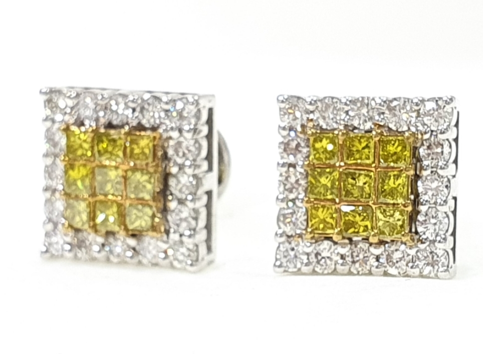 Invisible Set Princess Cut White  Yellow Diamond Stud Earrings 18 Kt White  Gold  Parasmani Jewellary